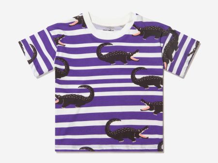 Mini Rodini Girls Organic Cotton Striped Crocodile T-Shirt Cheap