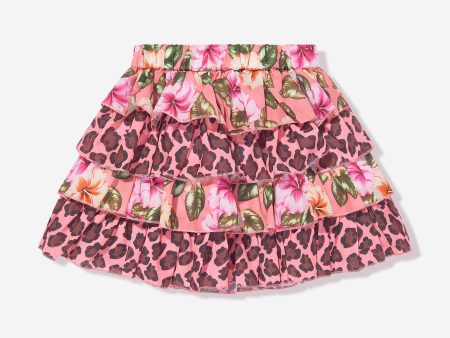 Selini Action Girls Floral And Leopard Print Skirt in Pink For Sale