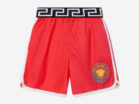 Versace Boys Anchor Crest Swim Shorts in Red Fashion