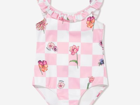 Versace Girls Damier Flowers Swimsuit in Pink Cheap