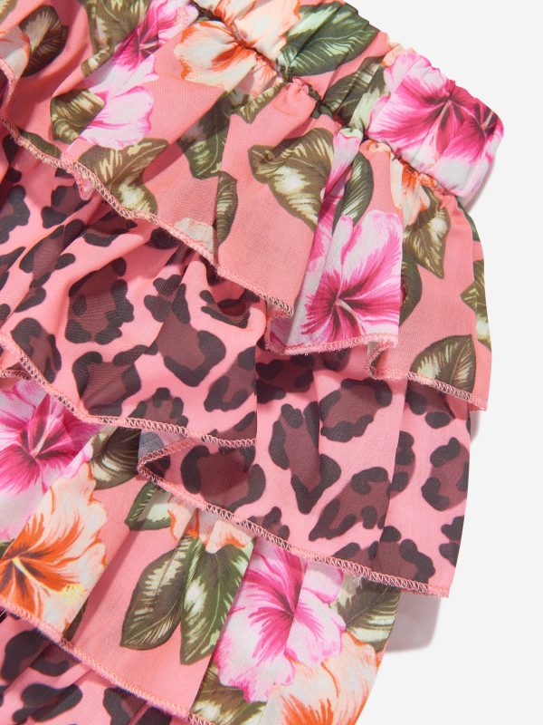 Selini Action Girls Floral And Leopard Print Skirt in Pink For Sale