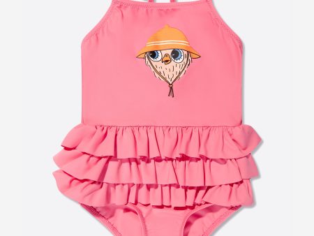 Mini Rodini Girls Owl Frill Swimsuit in Pink Cheap