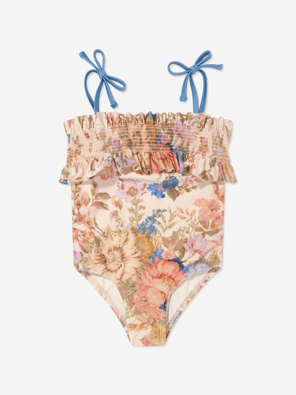 Zimmermann Girls August Shirred Frill Swimsuit in Multicolour Online Hot Sale