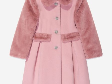 Girls Felted and Faux Fur Coat in Pink For Sale