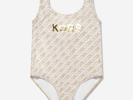 Michael Kors Girls Logo Swimsuit in Ivory Online Hot Sale