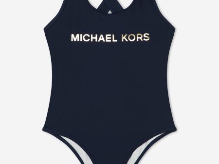 Michael Kors Girls Logo Print Swimsuit in Navy For Cheap