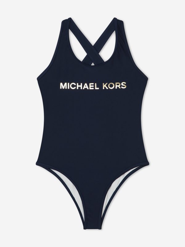 Michael Kors Girls Logo Print Swimsuit in Navy For Cheap