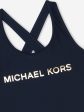 Michael Kors Girls Logo Print Swimsuit in Navy For Cheap