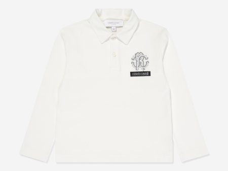 Boys Long Sleeve Logo Polo Shirt in White Sale